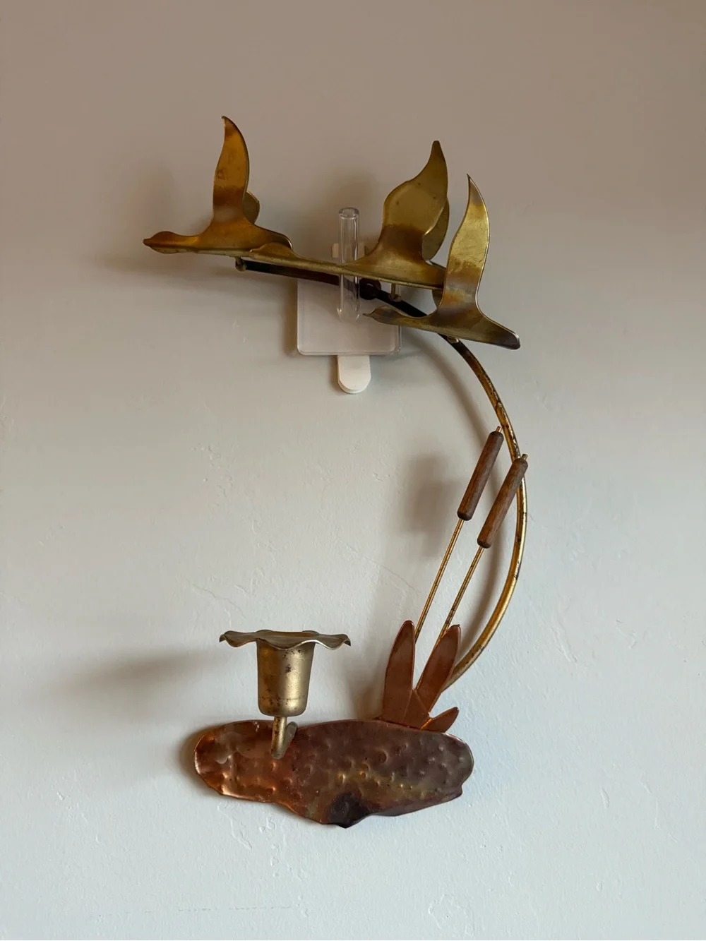 Vintage Brass Flying Geese Wall Art Candle Holder Sconce Mid Century